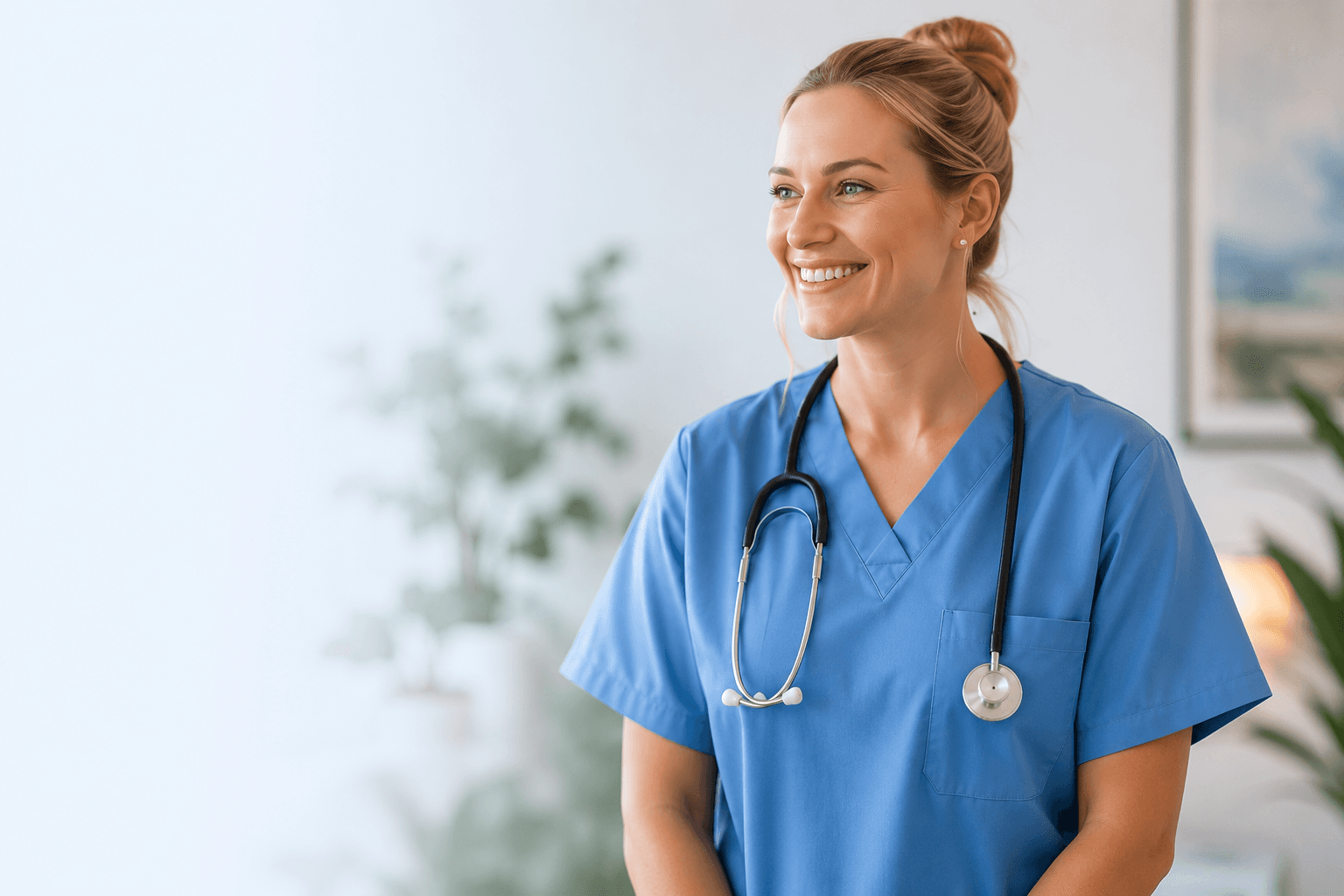 A smiling nurse in blue scrubs