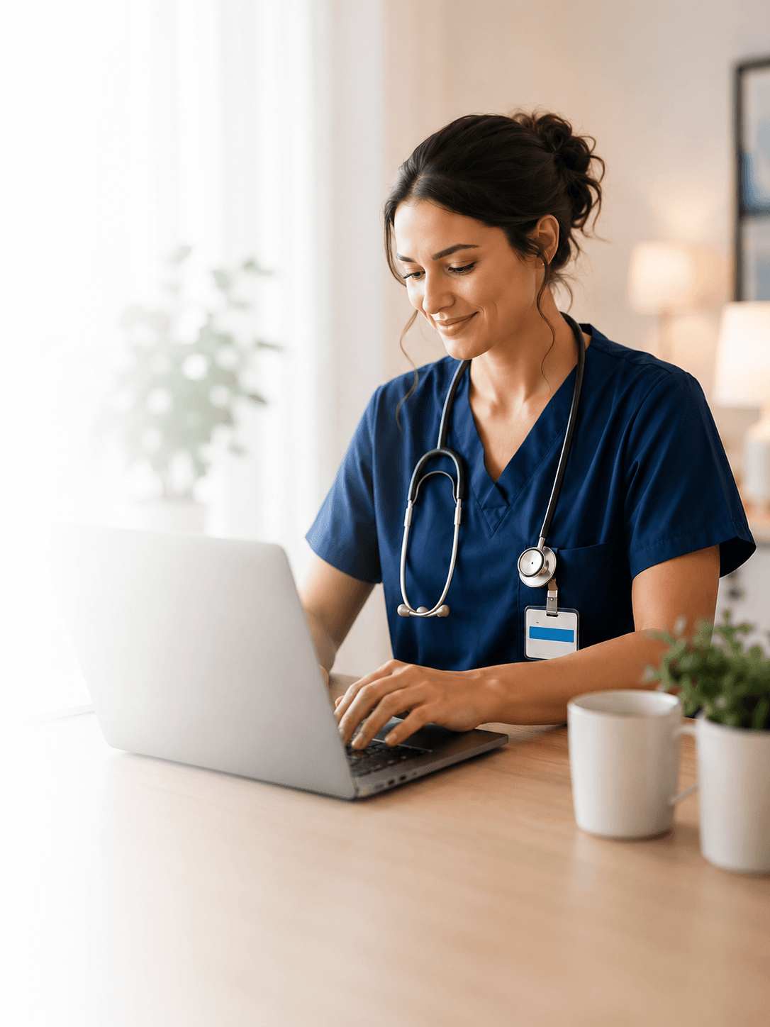 California registered nurse using a laptop at a clinic workstation